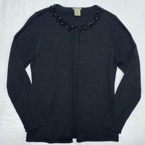 Escapade Sweaters - Black Beaded Shimmer Lightweight Cardigan Sweater Women Medium Delicate Knit